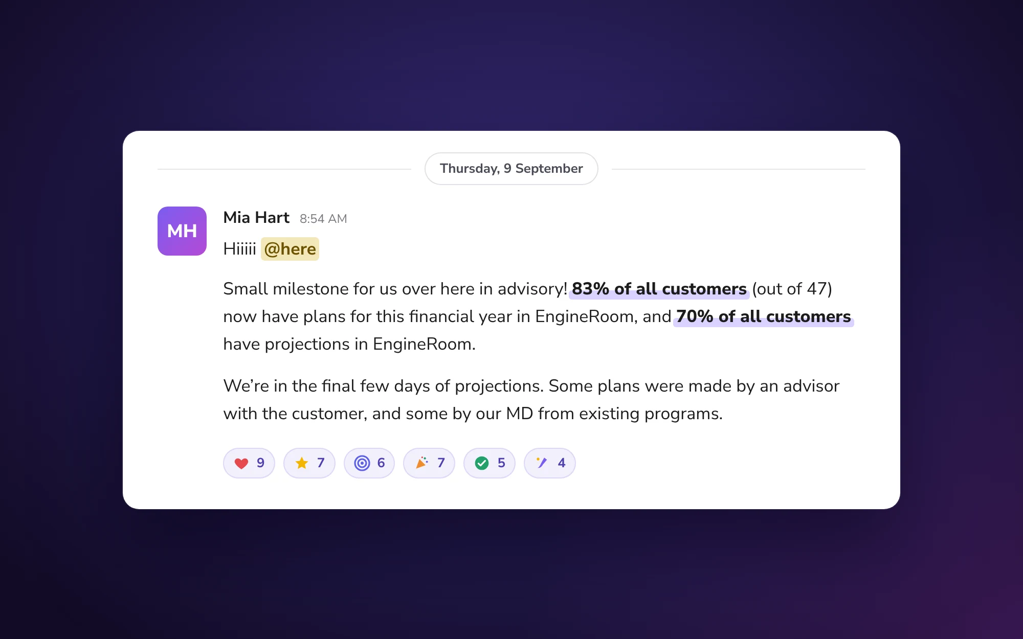 A team chat message from the advisory team on Thursday 9 September announcing that 83% of all 47 customers now have plans for this financial year and 70% have projections, with a row of reactions underneath.