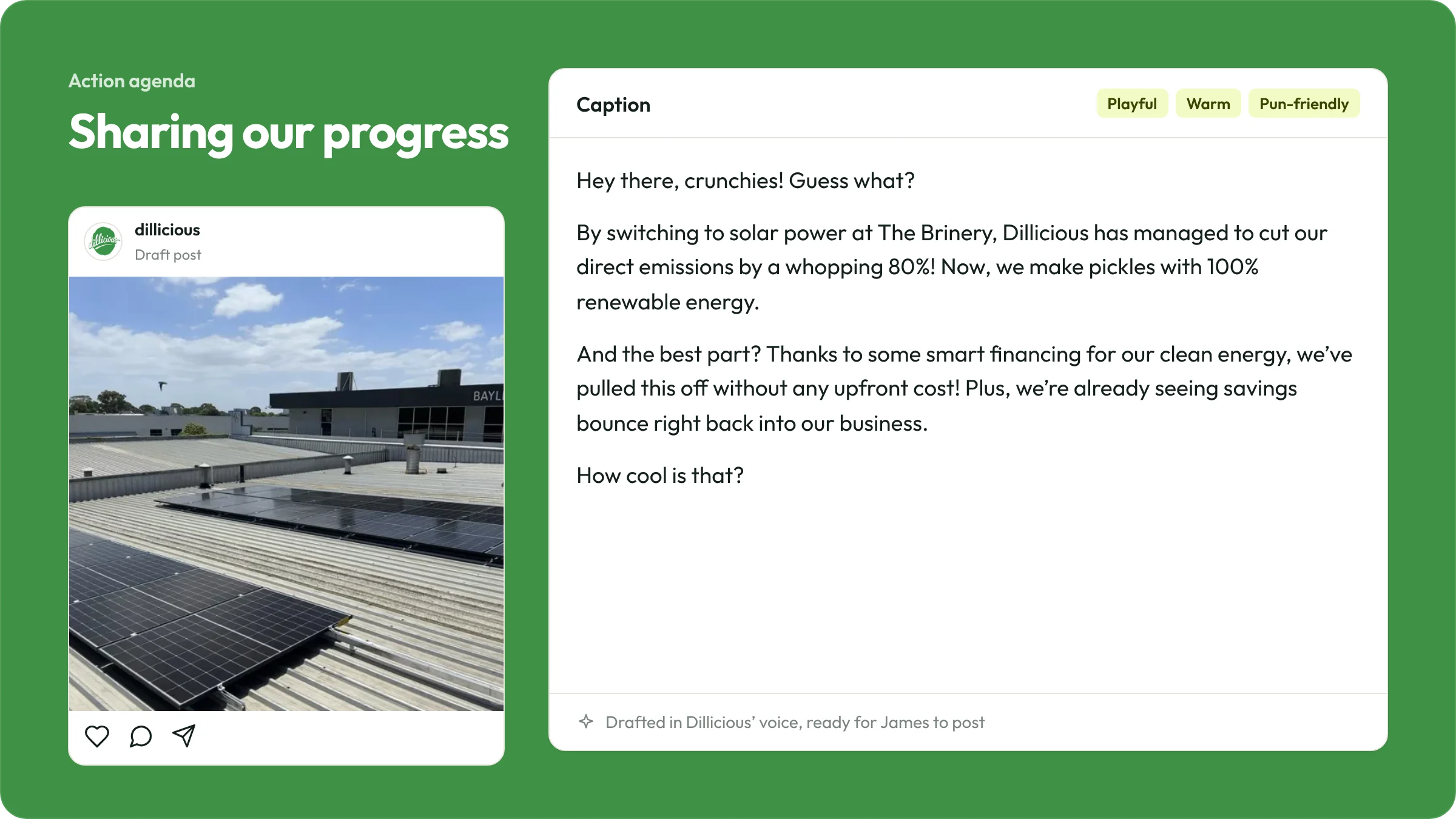 Plan page showing a draft social post beginning “Hey there, crunchies!”