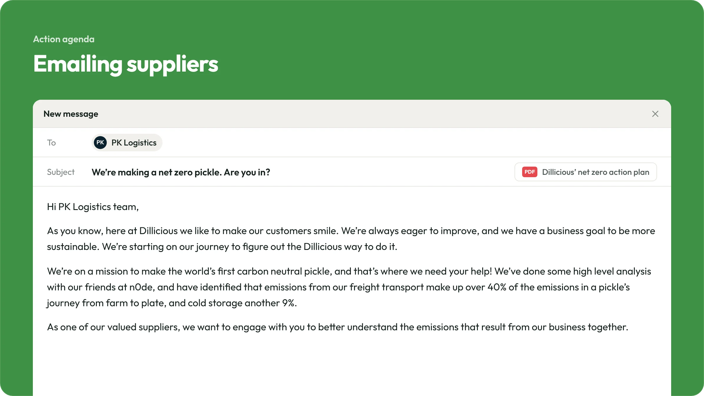 Plan page showing a ready-to-send email to PK Logistics titled “We’re making a Net Zero Pickle. Are you in?”