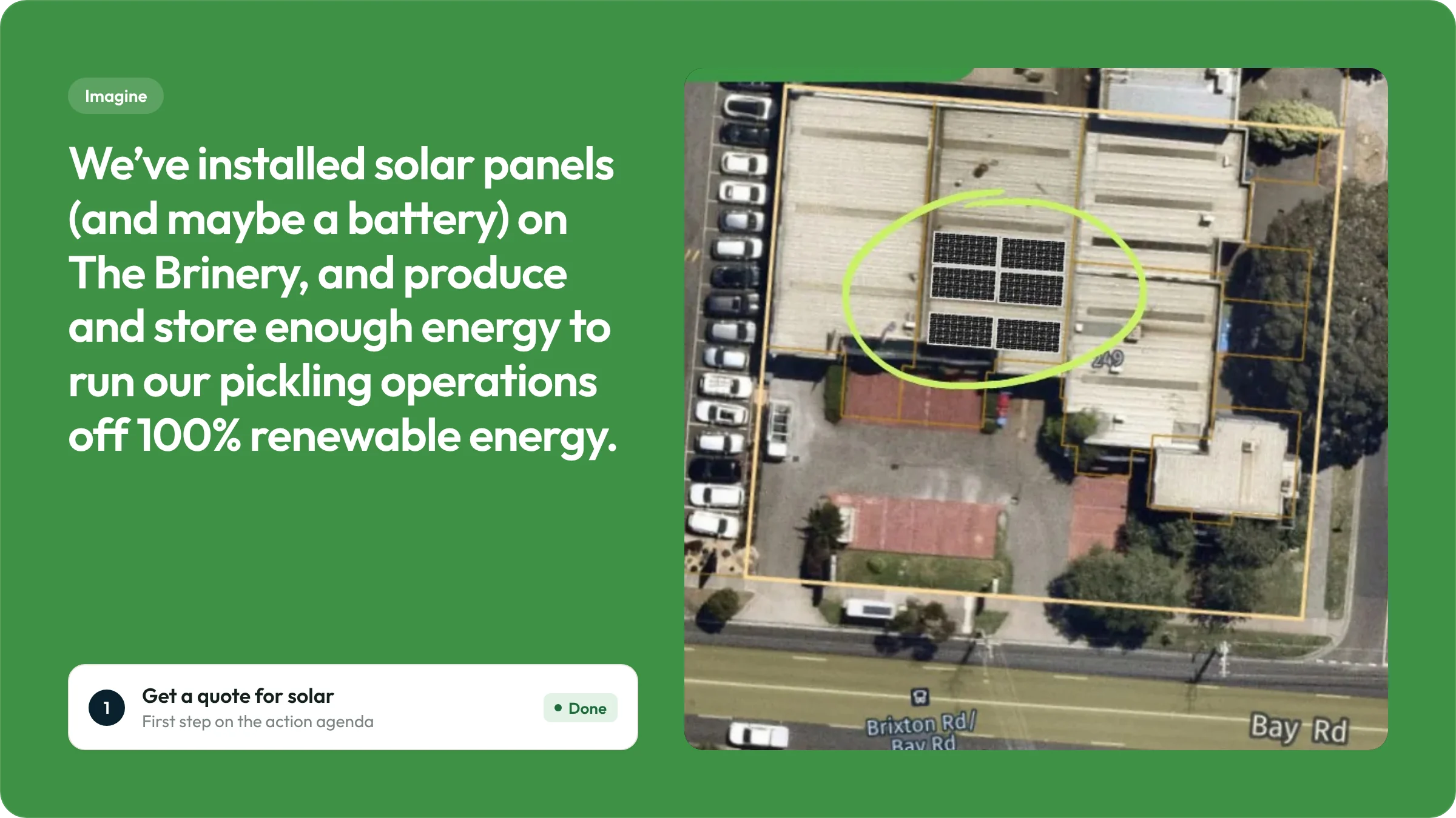 Vision page written in Dillicious’ voice describing solar on The Brinery, over an aerial photo of the roof.