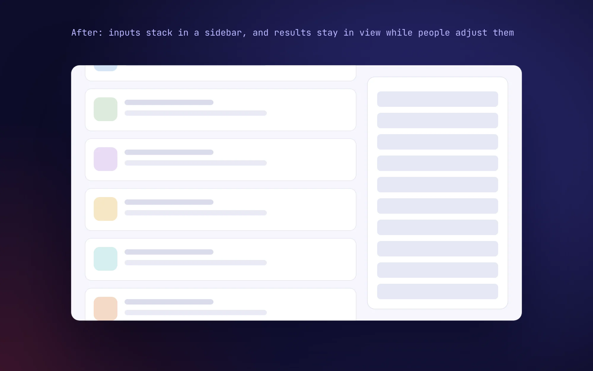A wireframe of the Talent Ecosystem page. The band of filters across the top folds into a sidebar on the right, the filters stack vertically and the results move up to fill the page and scroll while the filters stay in place.