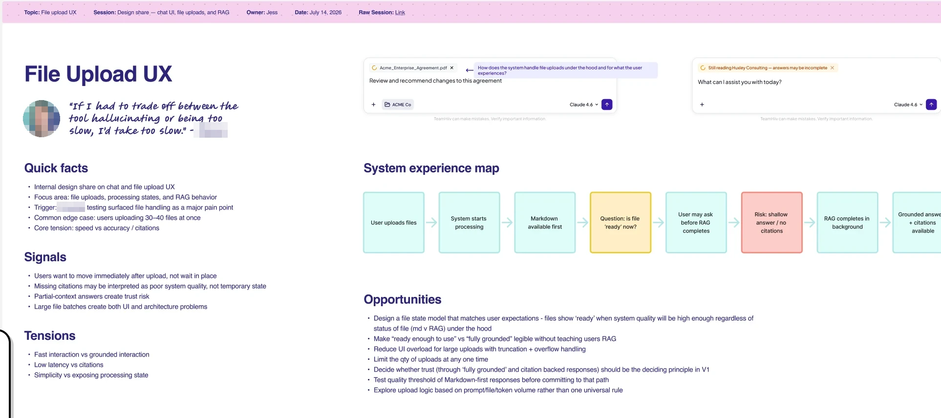 A one-pager from a design share on file upload UX, with the CEO’s quote, quick facts, signals, tensions, a system experience map from upload to grounded answers, and a list of opportunities.