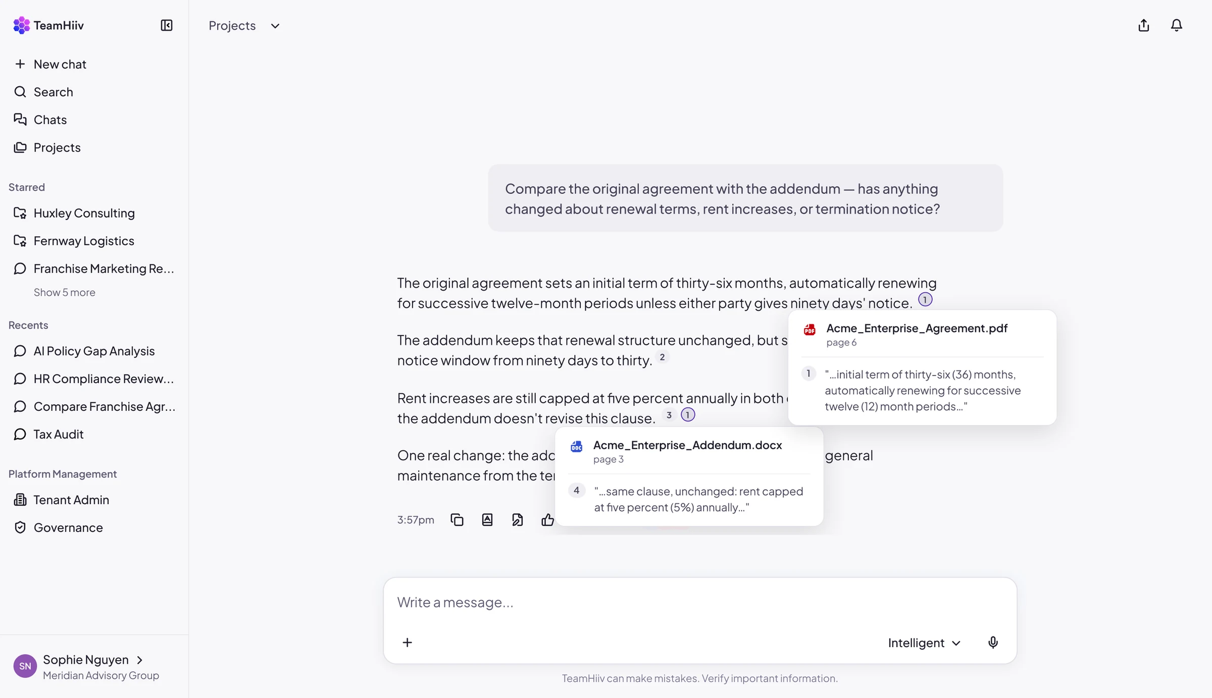 An original Figma frame of a TeamHiiv chat answer comparing an agreement with its addendum, with numbered citation markers and two citation popovers showing the file, page and quoted excerpt.