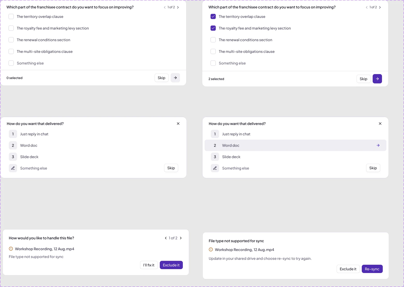 Original Figma frames for clarifying questions, multi-select and single-select, plus the file review card in its two states.