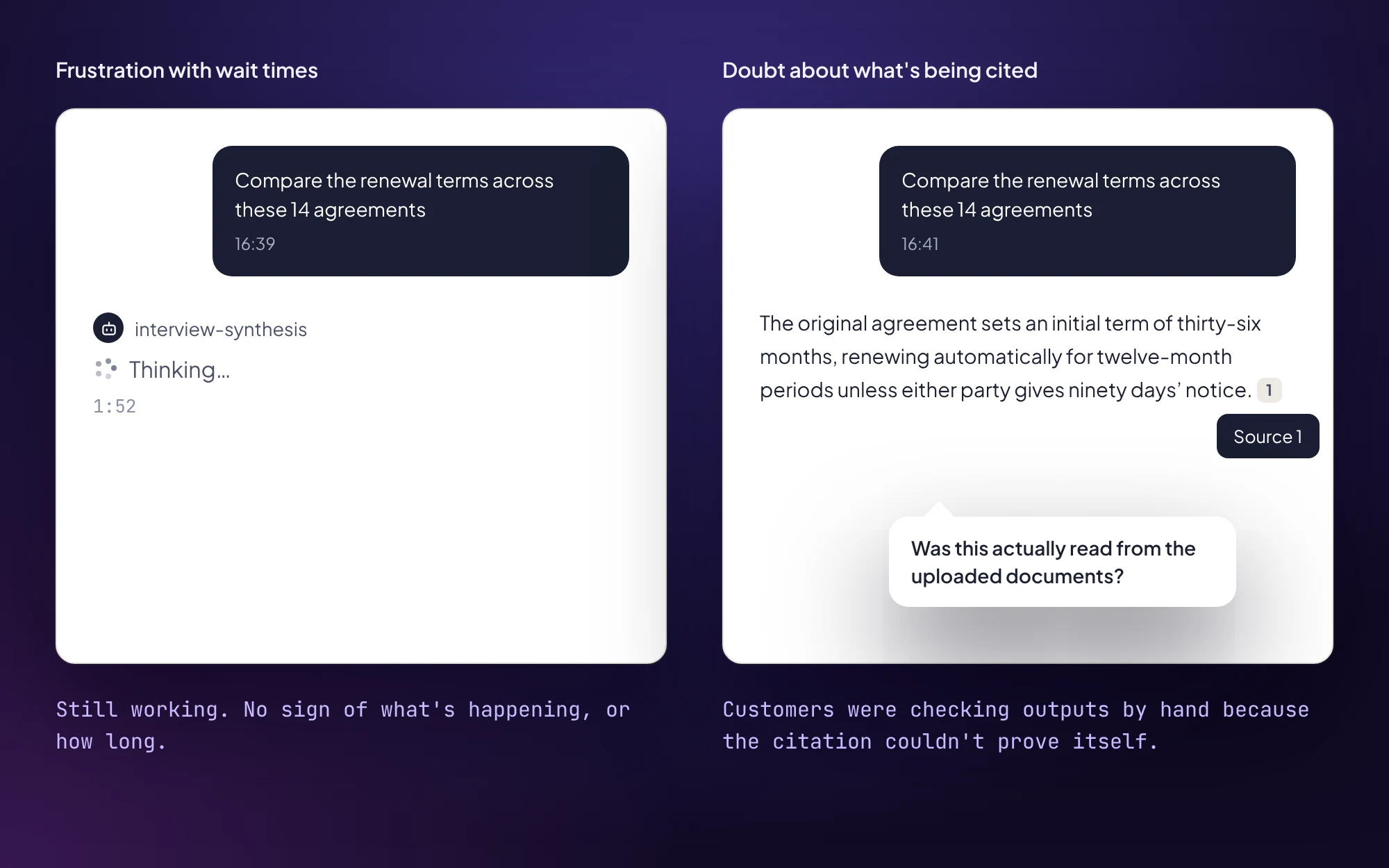 Two problems in the original product. On the left, the assistant shows only “Thinking…” while a timer runs, with no sign of what it’s doing. On the right, an answer quotes a renewal term with a citation marker that only says Source 1, next to the question: was this actually read from the uploaded documents?