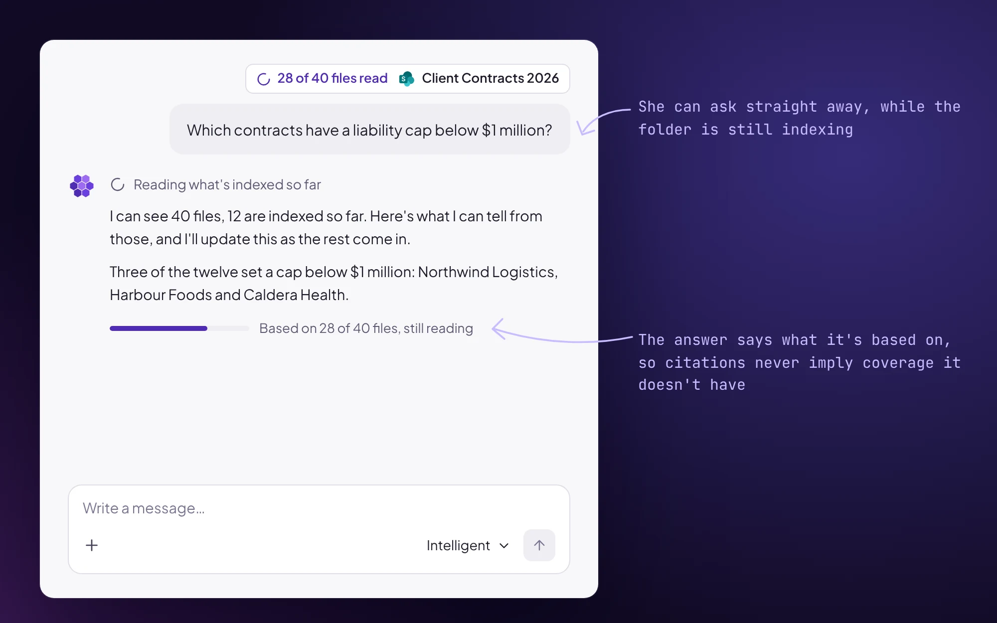 A chat where 40 files are still indexing. The user asks a question while the chip reads 12 of 40 files read. The agent says it can see 40 files with 12 indexed, answers from those, and shows a bar reading “Based on 28 of 40 files, still reading” as more come in.