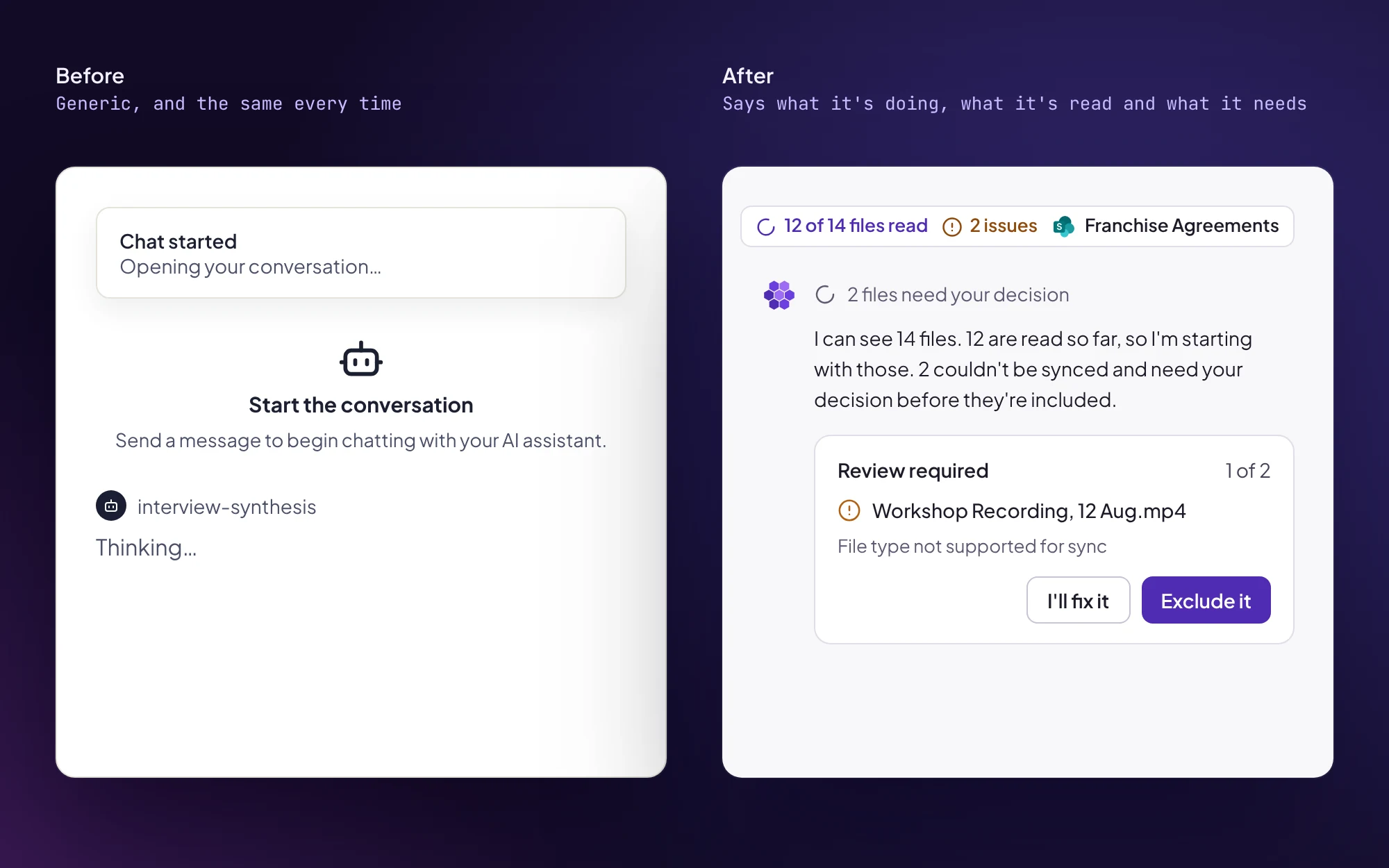 Before, a “Chat started” toast, an empty “Start the conversation” screen and “Thinking…”. After, a chip reading 12 of 14 files read with 2 issues, one status line, the agent saying what it has read and what it needs, and a review card for a file it couldn’t sync.